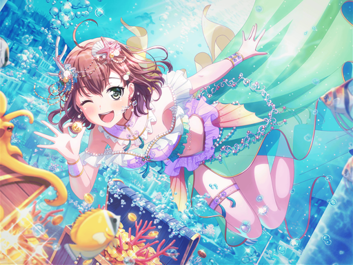 an in-game card art of idol band drummer Maya Yamato from BanG Dream! Girls Band Party; Maya is swimming underwater and wearing a teal-and-pink mermaid-type dress; she is winking and showing us a gold coin she just grabbed out of one of the treasure chests below her; in the background seems to be some sunken ancient ruins