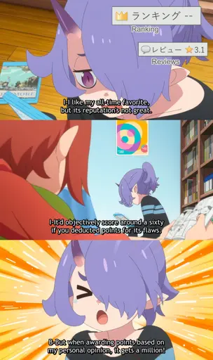 I like my all-time favourite, but its reputation's not great. It'd objectively score around a sixty if you deducted points for its flaws. But when awarding points based on my personal opinion, it gets a million!