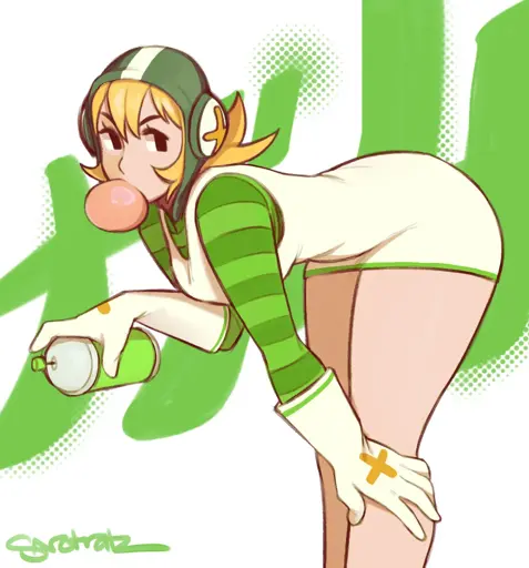 Image features Gum from the Jet Set Radio franchise. She is bending over with one hand on her knee and another holding a spray can, which the background shows a graffiti tag Gum made. Gum is wearing her iconic JSR1 outfit and blowing bubblegum.