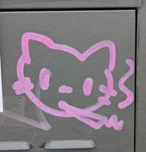 doodle of a cat face that smokes a cigarette or joint. drawn with pink marker on vrey metallic surface