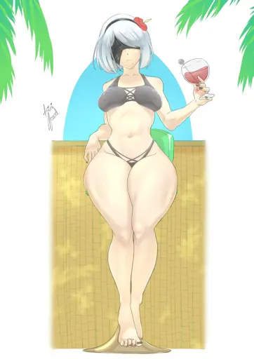 Drawing of 2B from Nier Automata on a lounge, holding a glass full of a red liquid. She is sporting a black bikini.